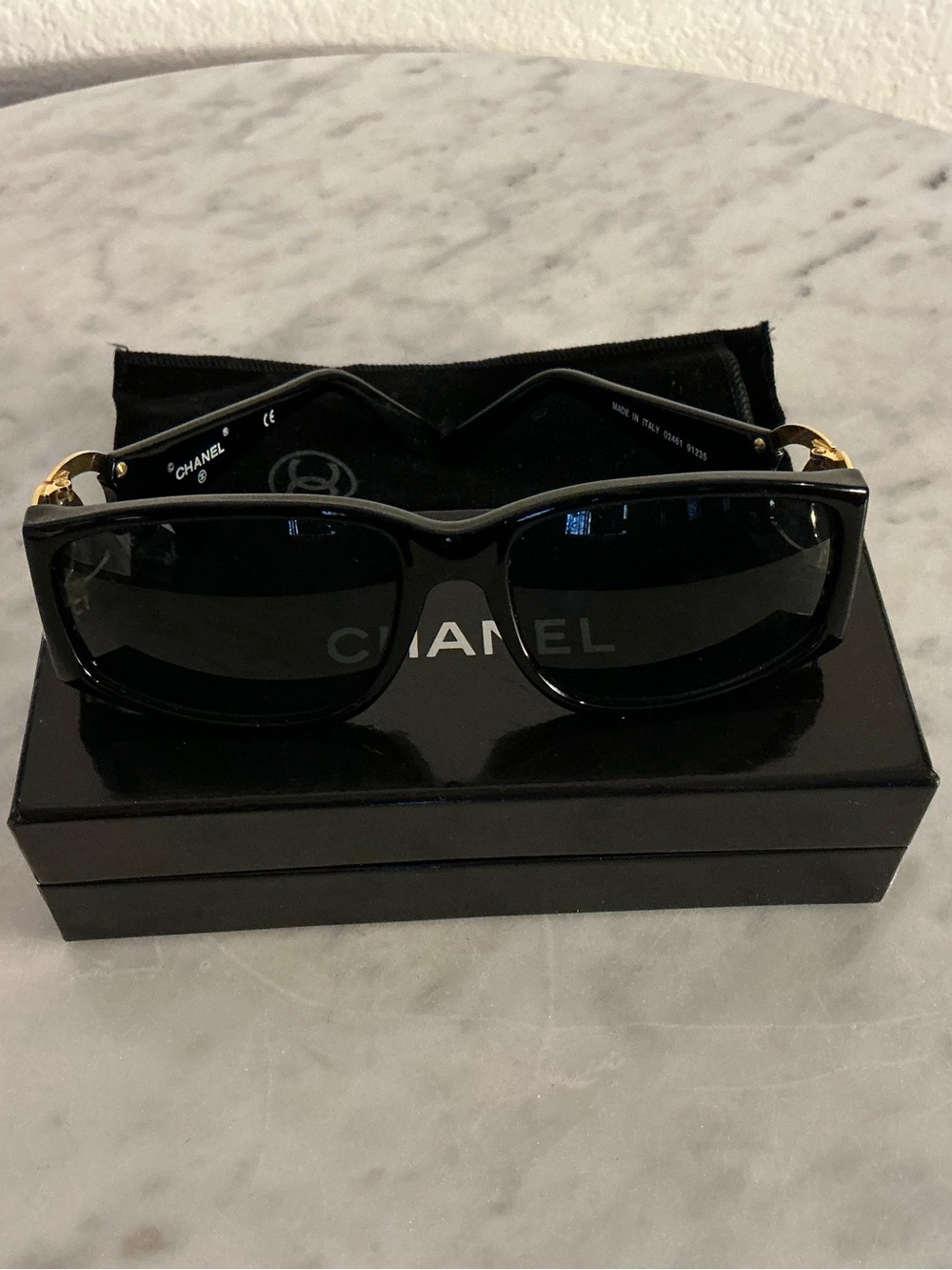 CHANEL Black Rectangle Women's Sunglasses with Gold Temple CC interlocking logo